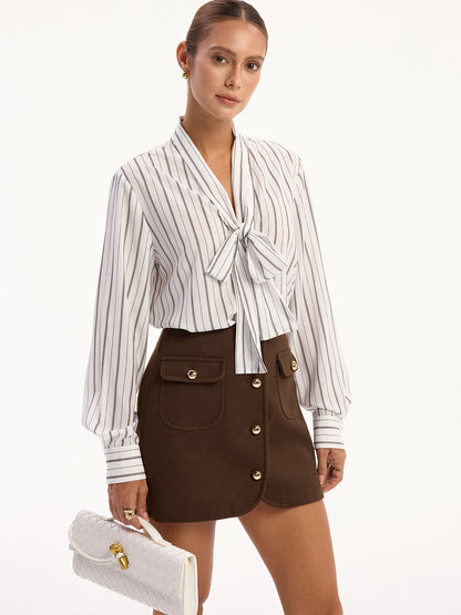 Metal Button Decor Pocket Tweed Mini Skirt