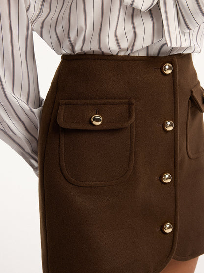 Metal Button Decor Pocket Tweed Mini Skirt