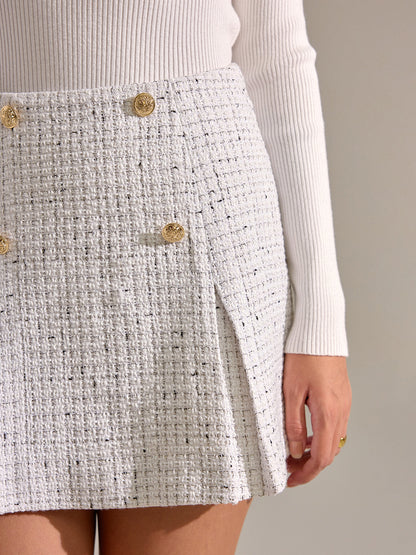 Metal Button Pleated Tweed Mini Skirt