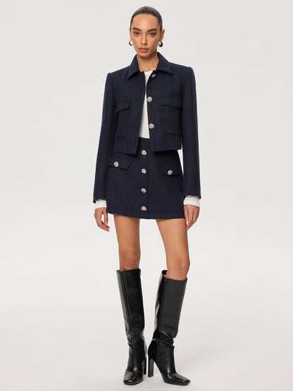 Metal Button Tweed Mini Skirt