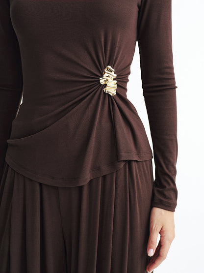 Metal Detail Top and Wide-Leg Pants Set