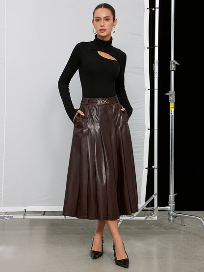 Pleated Faux Leather Maxi Skirt
