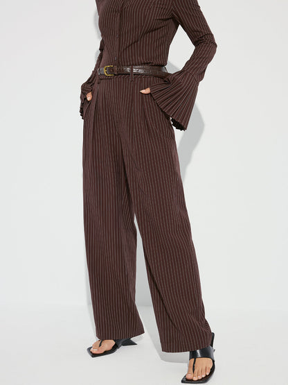 Striped Pleated Wide-Leg Pants without Belt