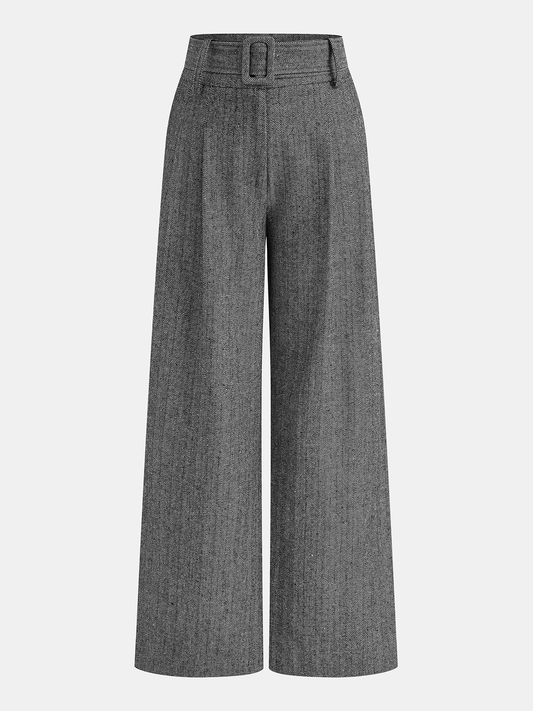 Belted Herringbone Wide-Leg Pants