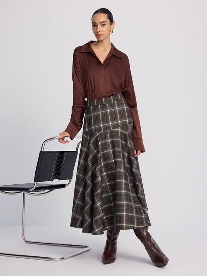 High-Waisted Asymmetric Plaid Midi Skirt