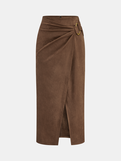 Buckle Detail Suede Effect Midi Skirt