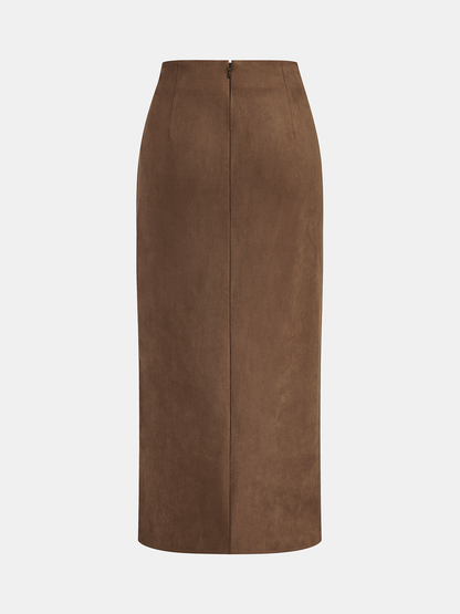 Buckle Detail Suede Effect Midi Skirt