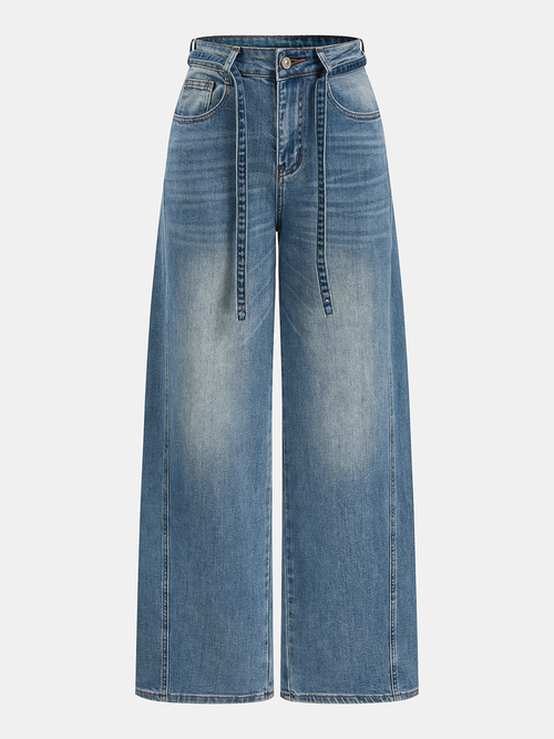 Tie Waist Curved-Leg Denim Pants