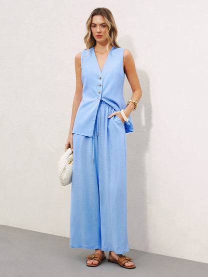Linen Blend Vest & Wide-Leg Pants Set