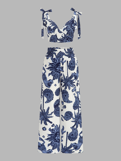 Printed Tie-Shoulder Top & Elastic Waist Pants Set