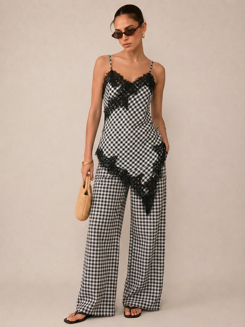 Gingham Cotton Lace Trim Cami Top & Pants Set
