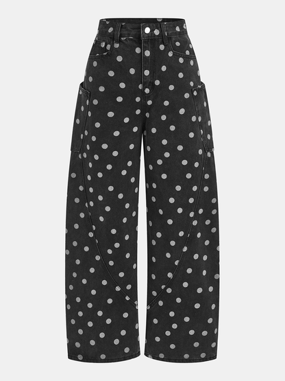 Polka Dot Denim Cargo Curved-Leg Pants