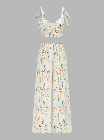 Floral Print Tie-Shoulder Top & Smocked Pants Set