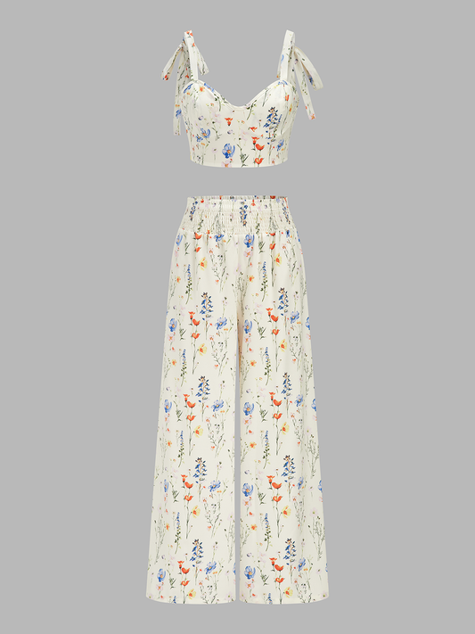 Floral Print Tie-Shoulder Top & Smocked Pants Set