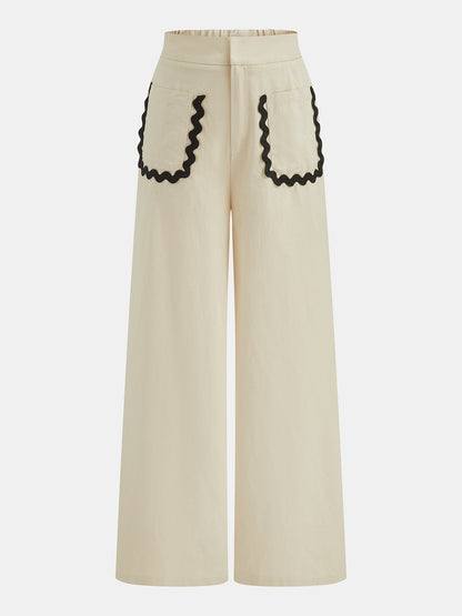 Cotton Linen Scallop Trim Two Piece Pants Set