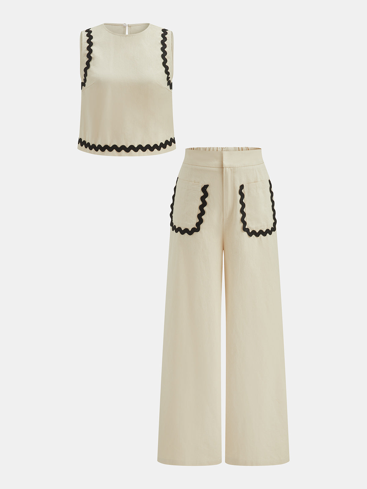 Cotton Linen Scallop Trim Two Piece Pants Set
