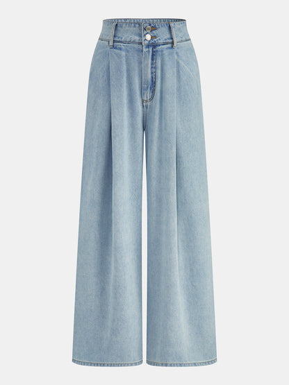 Washed Pleated Wide Leg Jeans