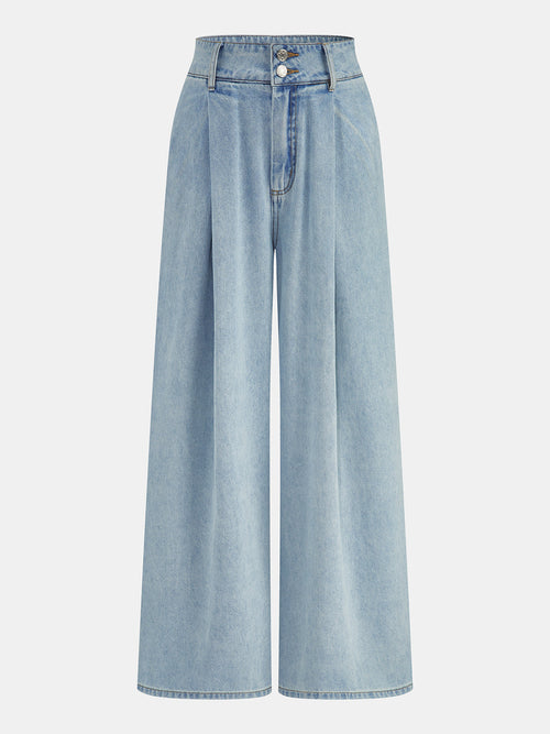 Washed Pleated Wide Leg Jeans
