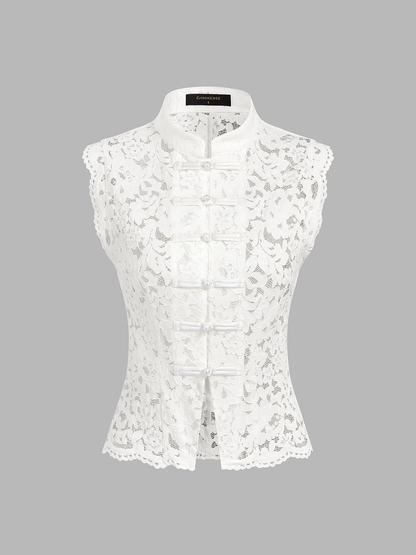 Frog Button Mandarin Collar Lace Vest & Pants Set