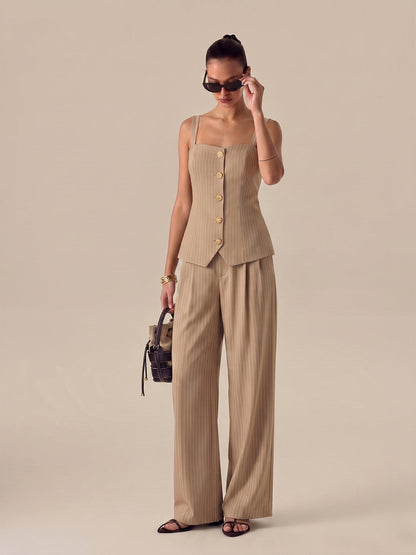 Pinstripe Button-Front Cami Top & Pants Set