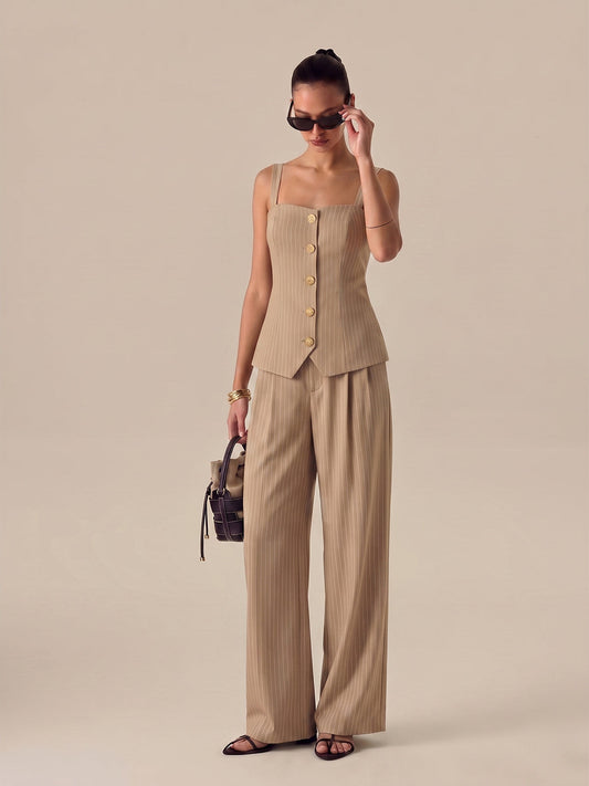Pinstripe Button-Front Cami Top & Pants Set