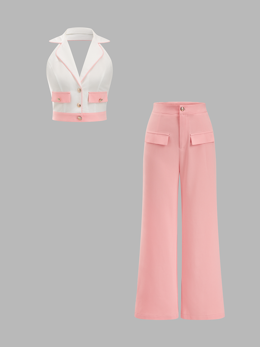 Lapel Halter Top & Wide Leg Pants Set
