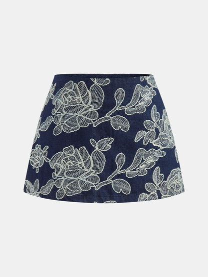 Floral Embroidery Mid Waist Skort