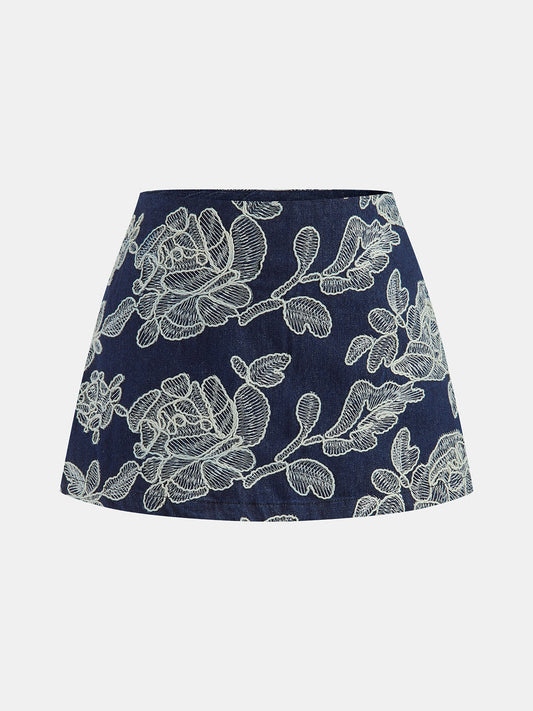 Floral Embroidery Mid Waist Skort