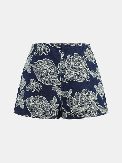 Floral Embroidery Mid Waist Skort