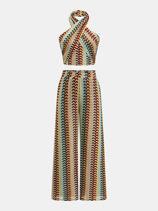 Printed Halter Crop Top & Wide-Leg Pants Set