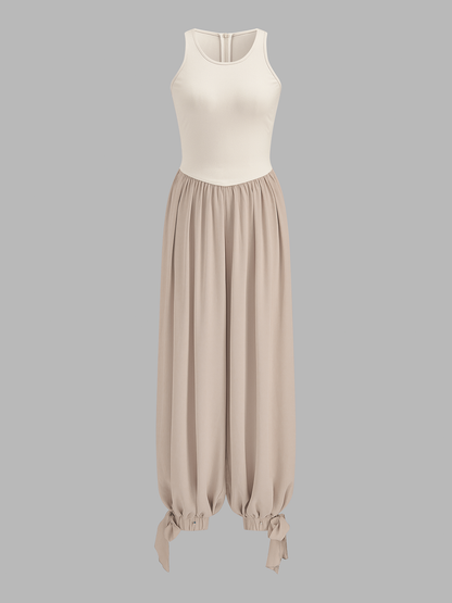 Two-Tone Sleeveless Tie Cuff Balloon Jumpsuit