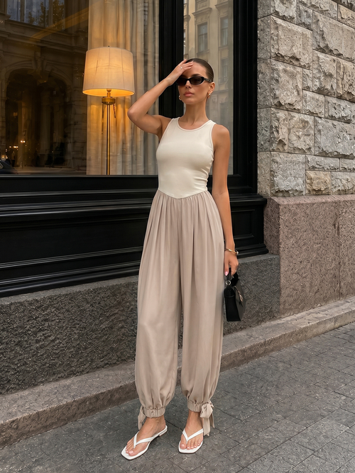 Two-Tone Sleeveless Tie Cuff Balloon Jumpsuit