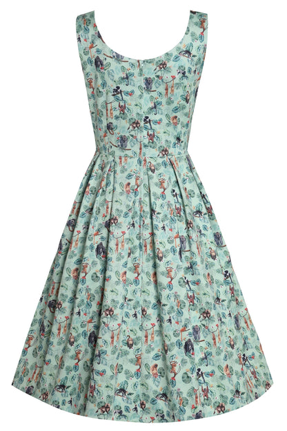 Amanda Light Green Pleated Dress in Monkey Print