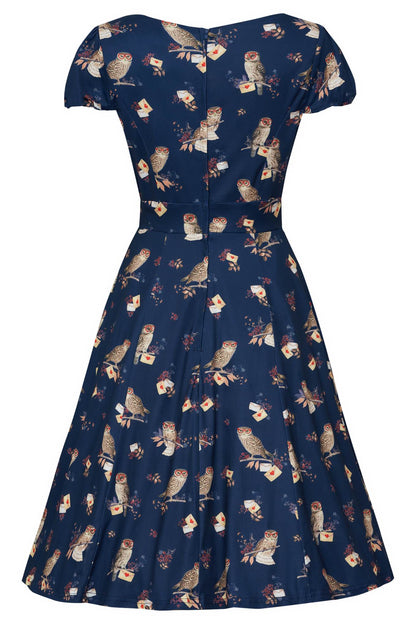Claudia Short Sleeved Dress In Navy Owl Print