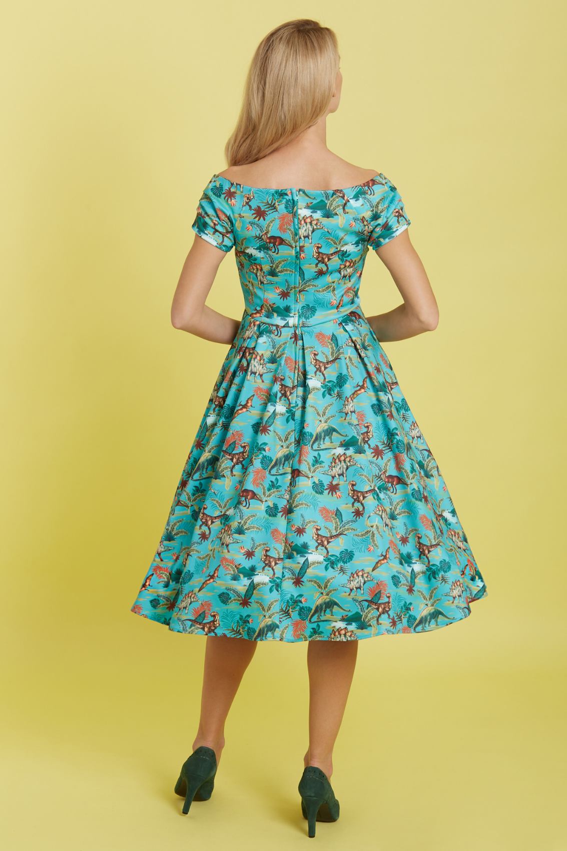 Lily Green Forest Dinosaur Off Shoulder Dress