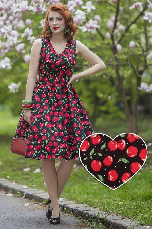 May Cherry Print V Neck Flared Dress