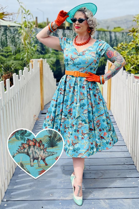 Lily Green Forest Dinosaur Off Shoulder Dress