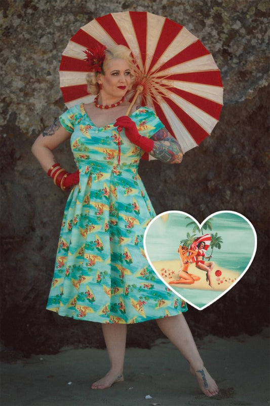Lily Off Shoulder Turquoise Dress In Pinup Beach Print