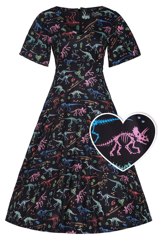 Janice Black Sleeved Flared Tea Dress In Fossil Print