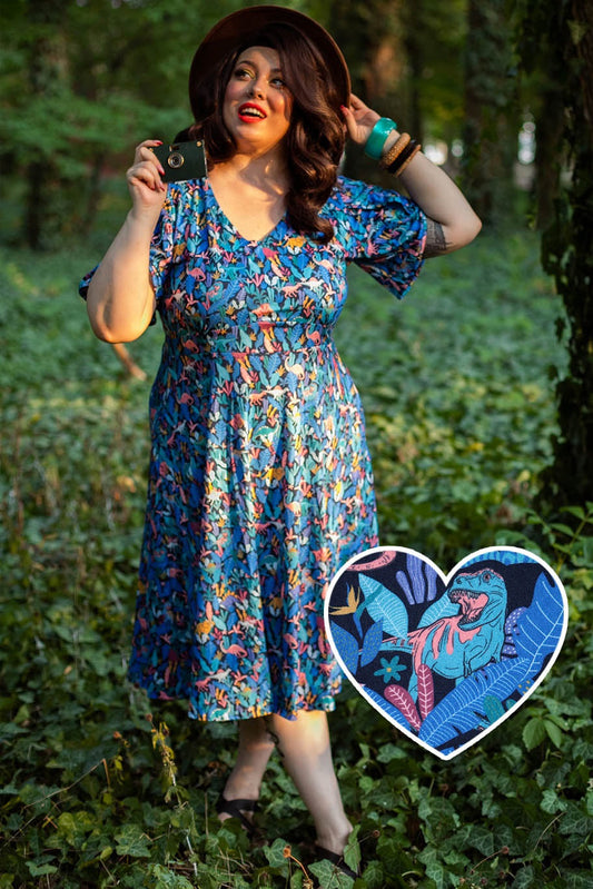Janice Dinosaur Navy Blue Petal Sleeve Tea Dress