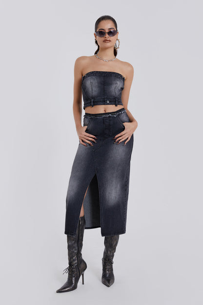 Liberty 2 In 1 Detachable Denim Black Midi Dress