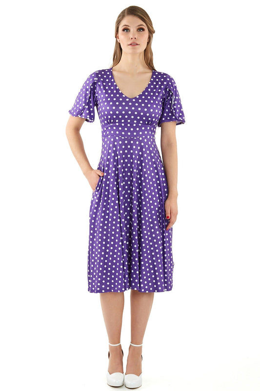 Janice Purple Polka Dot Sleeved Flared Tea Dress