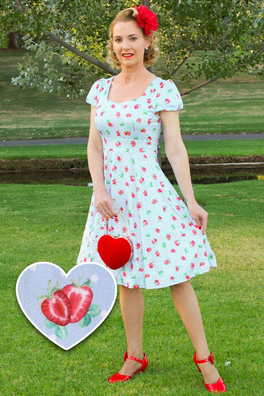 Claudia Baby Blue Swing Dress with Strawberries & Dots