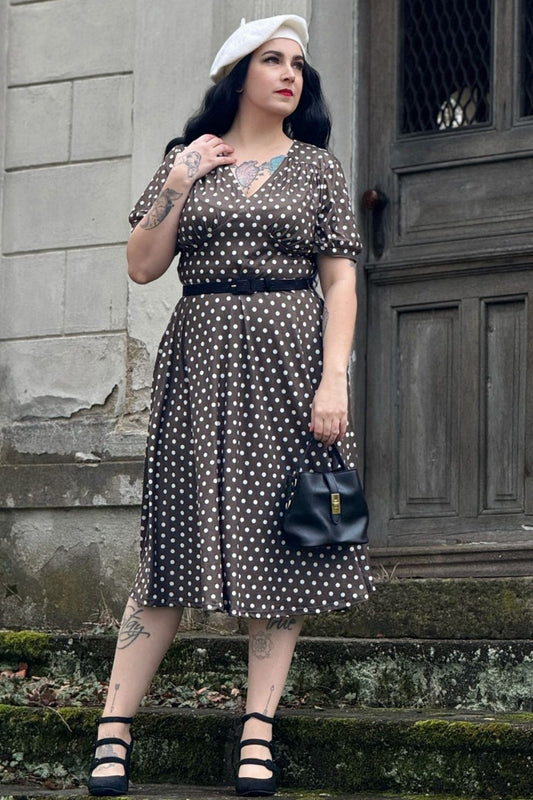 Julia 50s Style Brown & White Polka Dot Dress