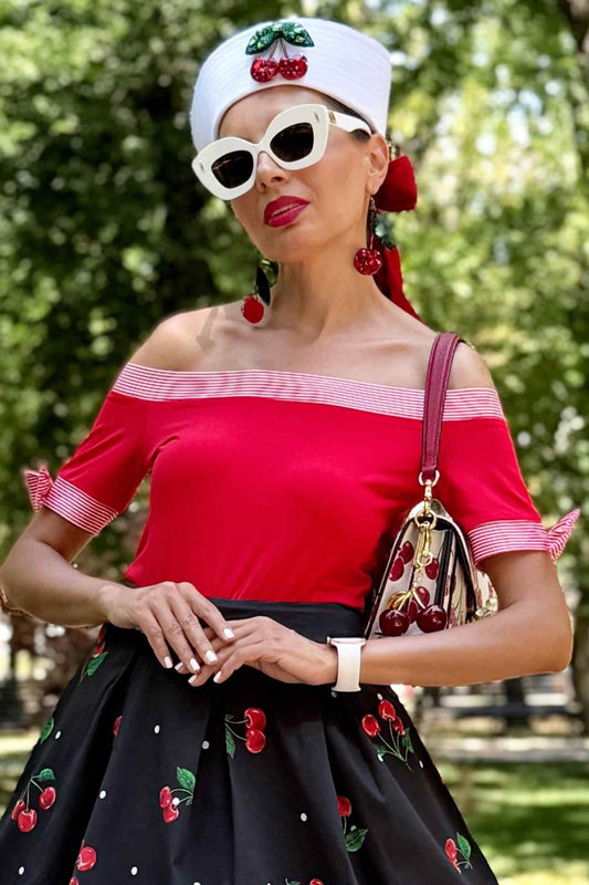 Layla Off Shoulder Red Striped Trim Top