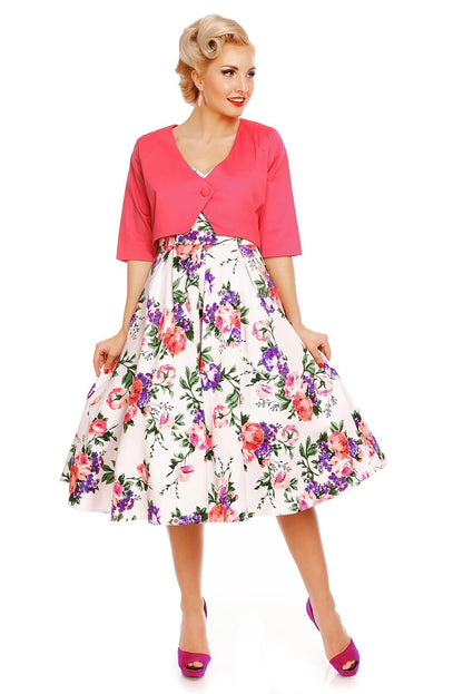 Lily Off Shoulder 50s Pleated Dress in White/Pink Floral
