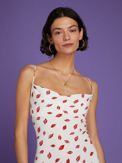 Riviera Midi Dress in White Lips Print