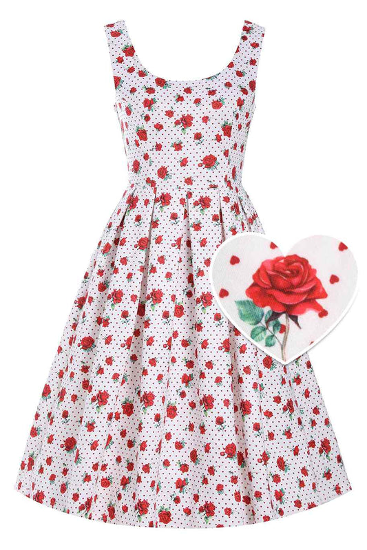 Amanda Retro White Rose Swing Dress