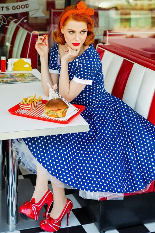 Darlene Retro Polka Dot Swing Dress in Dark Blue