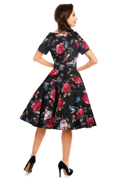 Darlene Rockabilly Floral Roses Swing Dress in Black